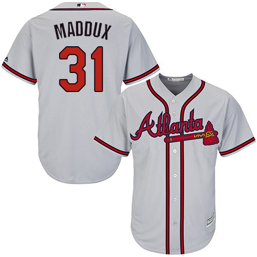 Men's Majestic Atlanta Braves #31 Greg Maddux Replica Grey Road Cool Base MLB Jersey ...
